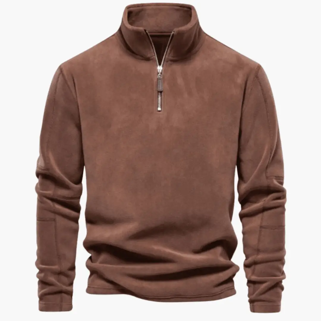 Men’s fleece pullover in brown by Wilfred Smith with half-zip neckline