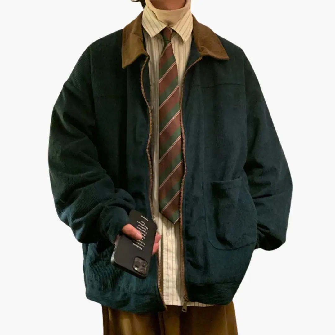 Wilfred Smith Corduroy bomber jacket for men in dark green with brown collar, zip front and front pockets