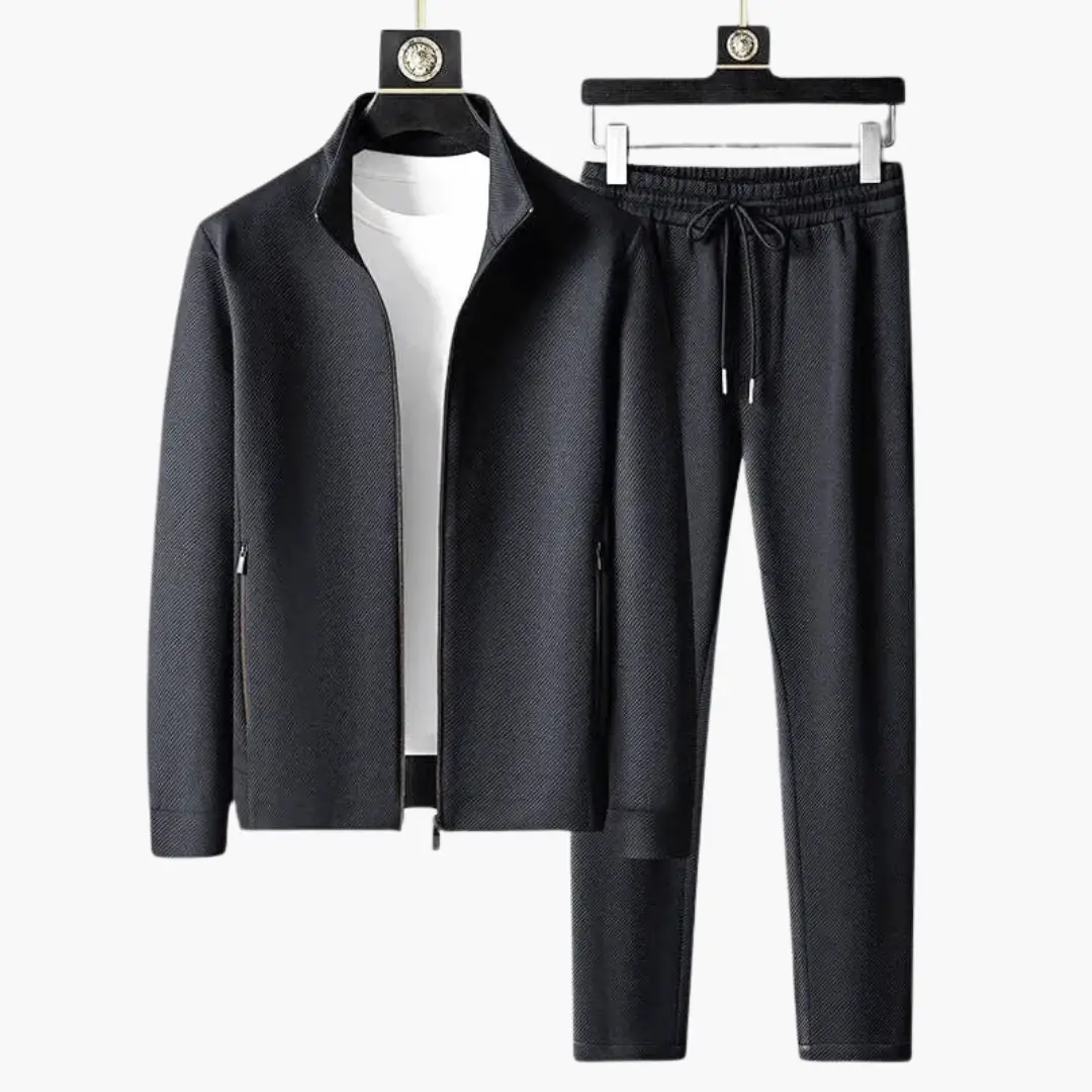 Men’s Wedding Suit Set with Jacket and Pants by Wilfred Smith in black textured fabric