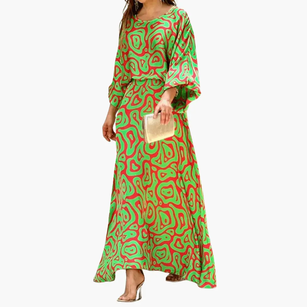 Women's Maxi Dress with Print in green and red abstract boho pattern, long flowing silhouette