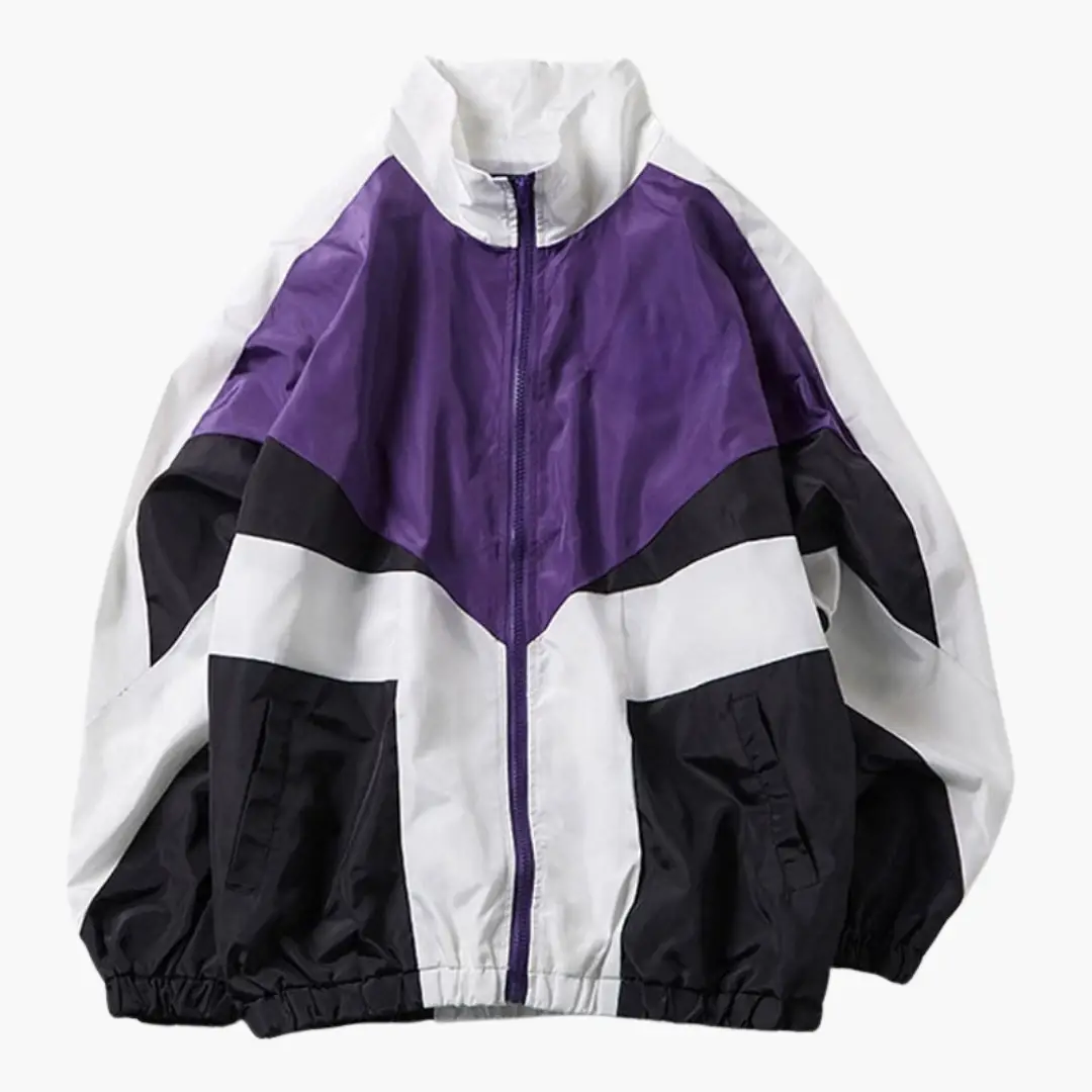 Men's bomber jacket with purple color-block design, white and black panels, full zipper
