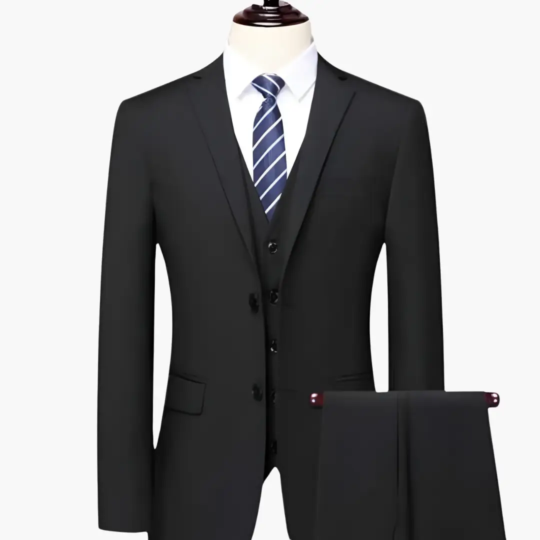 Three-piece black men's suit set with jacket, vest, and trousers, paired with a blue striped tie.