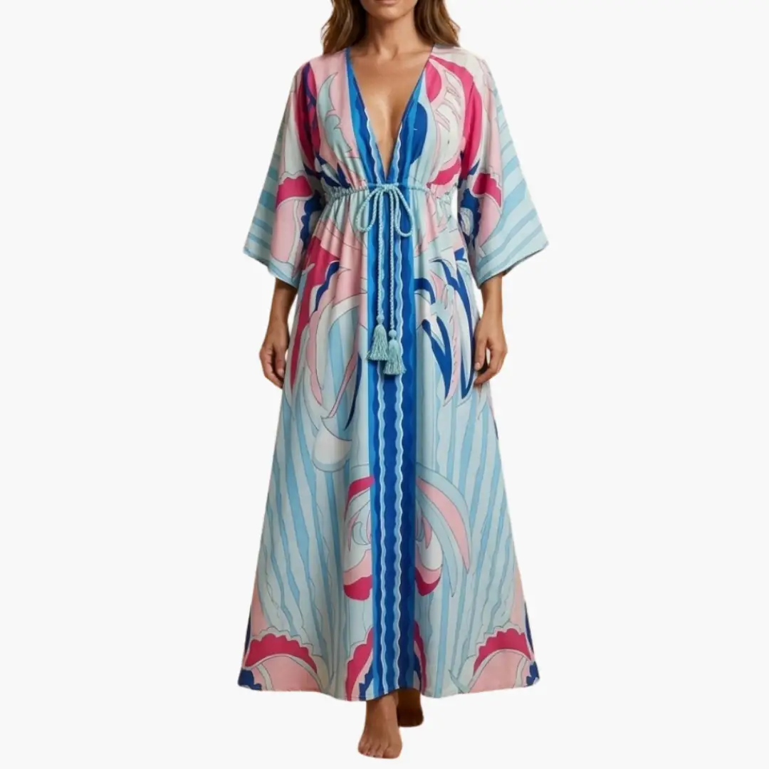 Colorful women's summer maxi dress with floral print and blue waist-tie belt, flowy sleeves.
