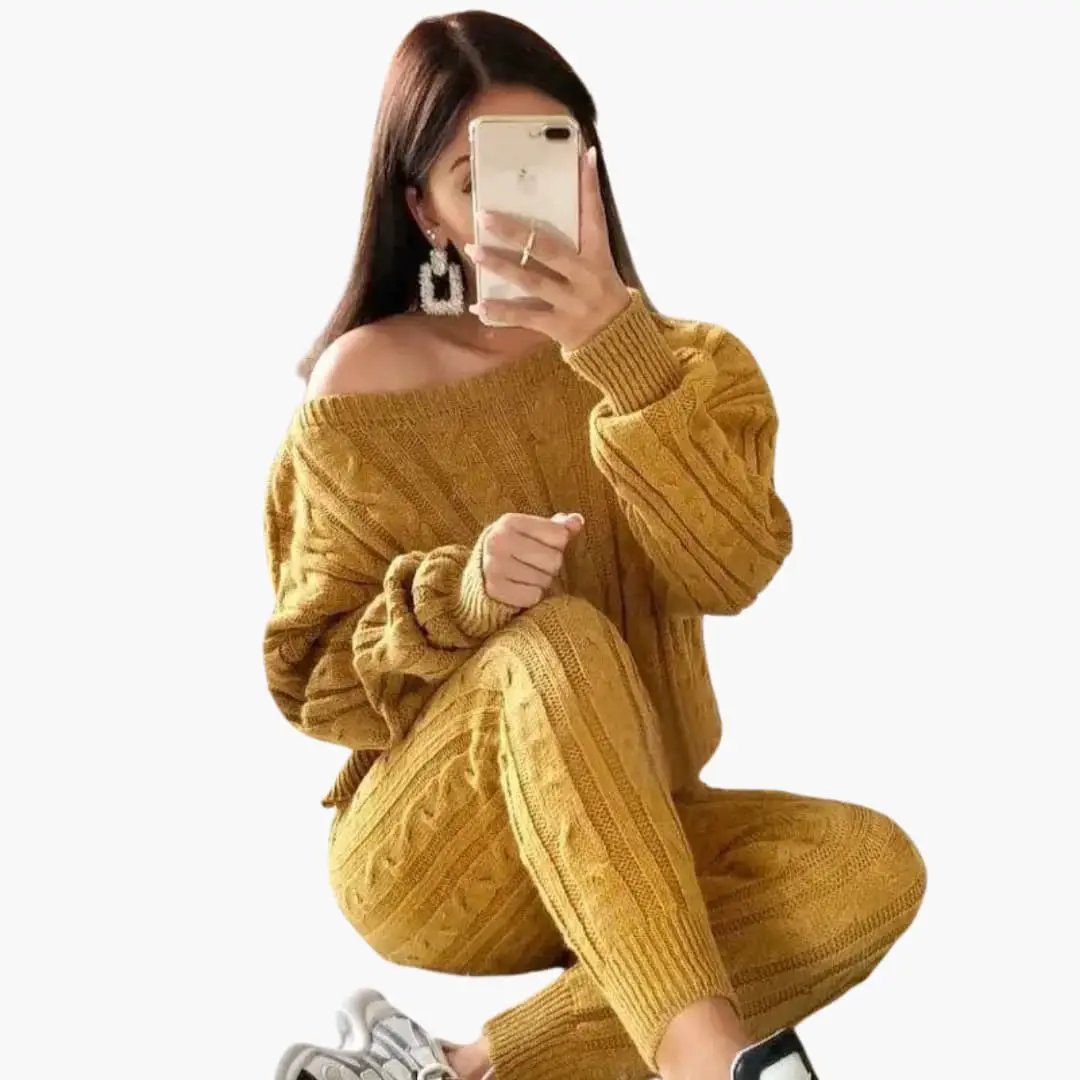 Women's mustard knitted two-piece set with off-shoulder long-sleeve top and elastic waistband pants