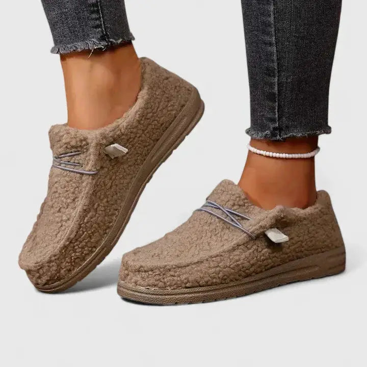 Women's orthopedic loafers: tan plush shearling with cushioned footbed