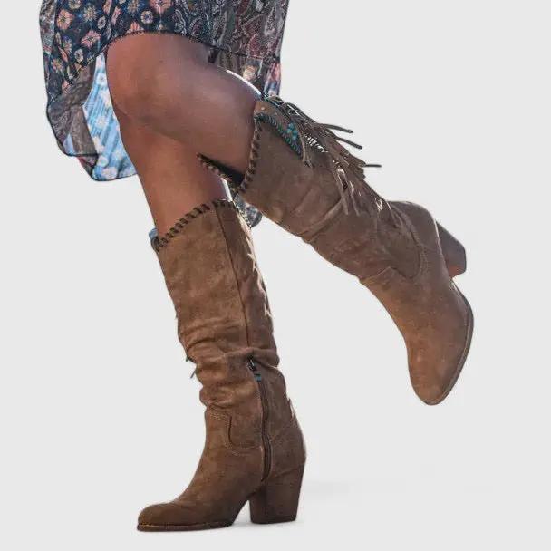 Women's orthopedic boots in brown suede, knee-high with fringe and a chunky block heel