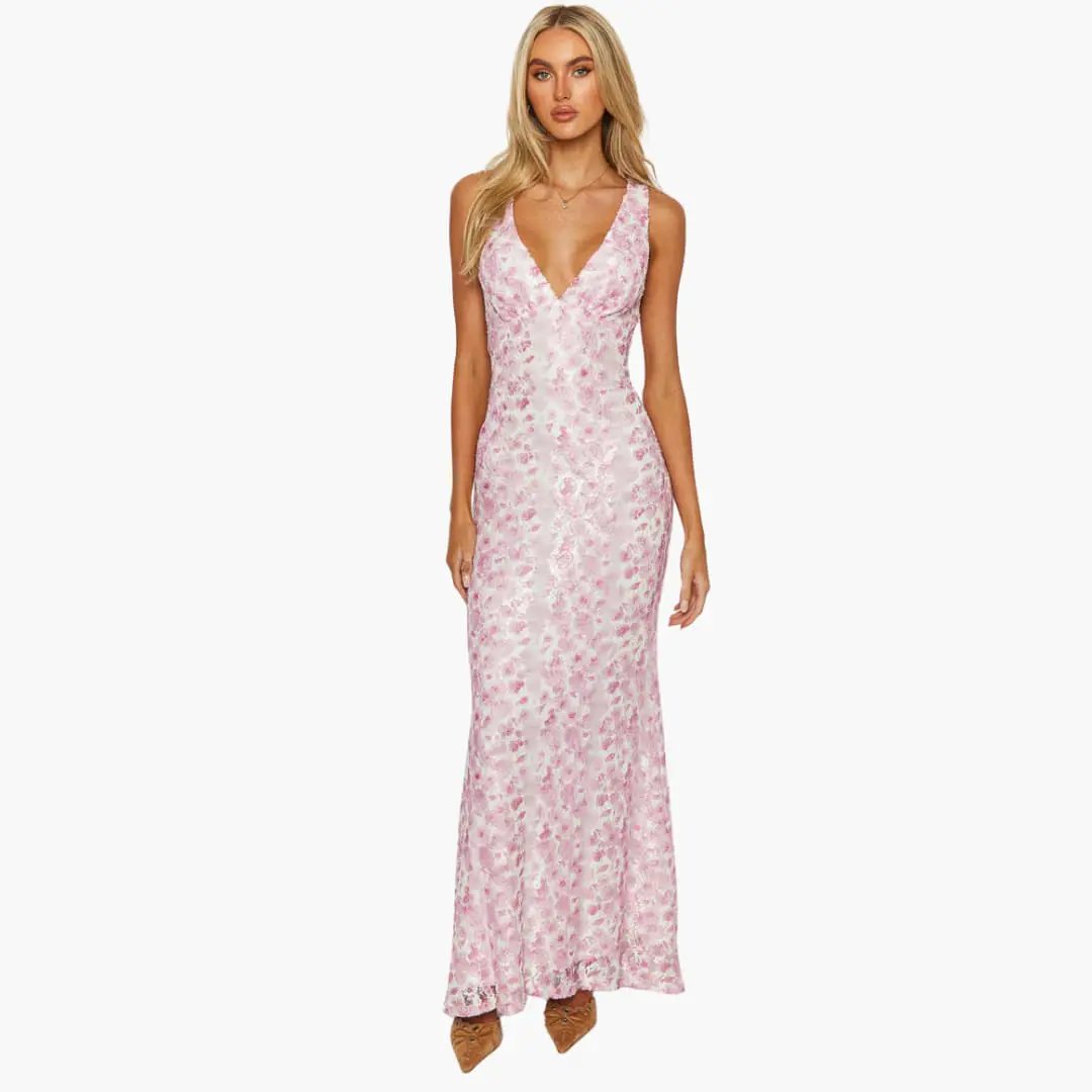 Lace maxi dress in pink floral pattern with a V-neck, women's style