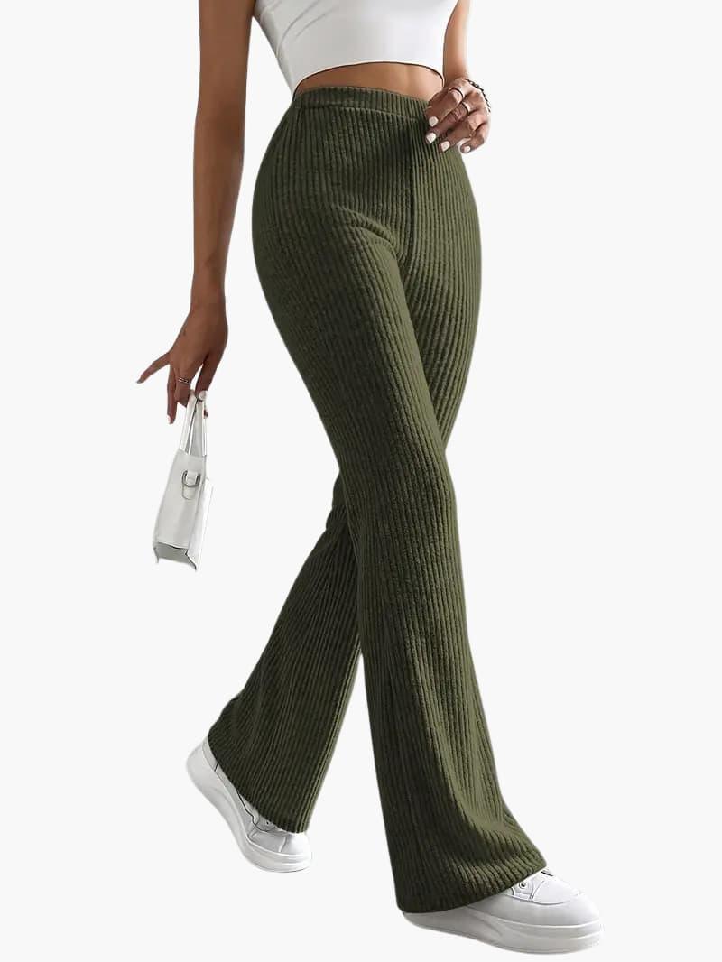 Wide high-waist knit pants for women in olive green by Wilfred Smith, lounge trousers with wide legs