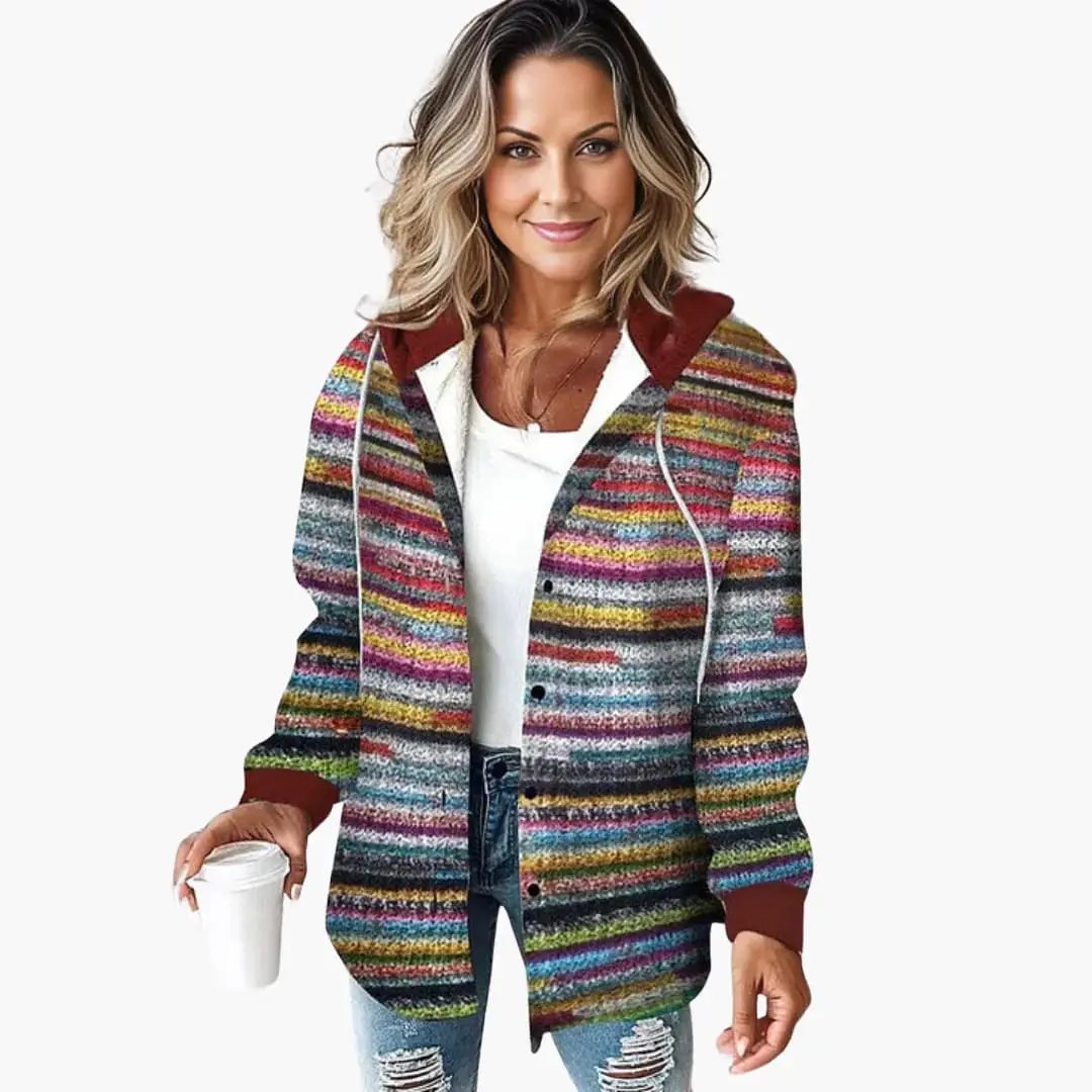 Women’s hooded cardigan with striped knit by Wilfred Smith, multicolor stripes and burgundy cuffs.