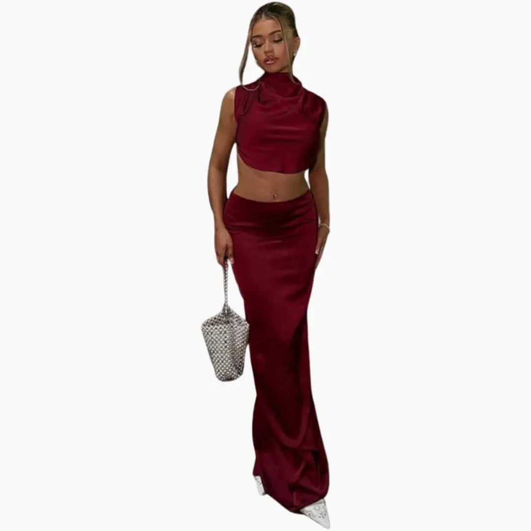 Elegant satin two-piece set for women—burgundy blouse and matching pants by Wilfred Smith