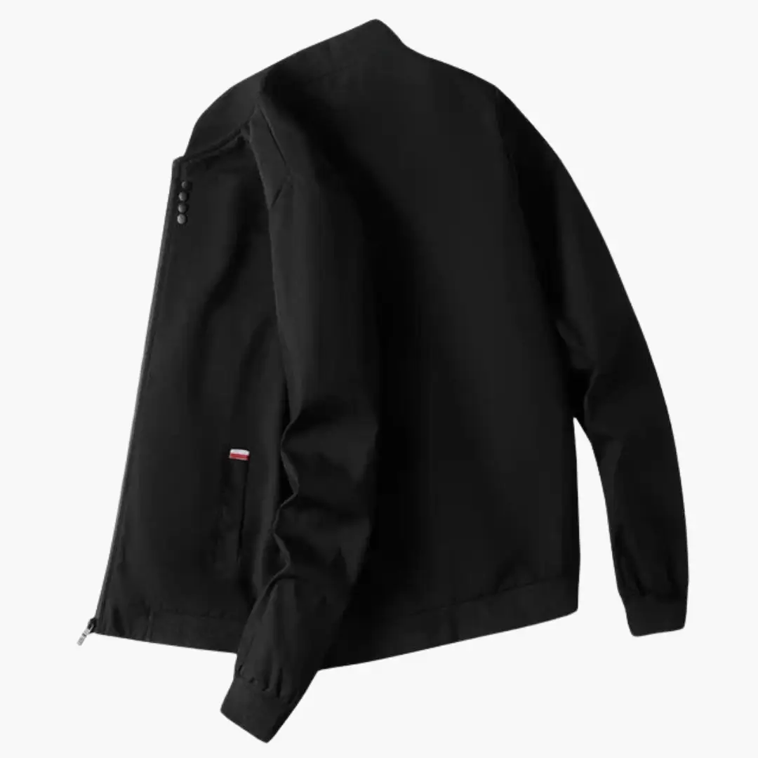 Men's bomber jacket by Wilfred Smith, black with ribbed collar and waist pockets