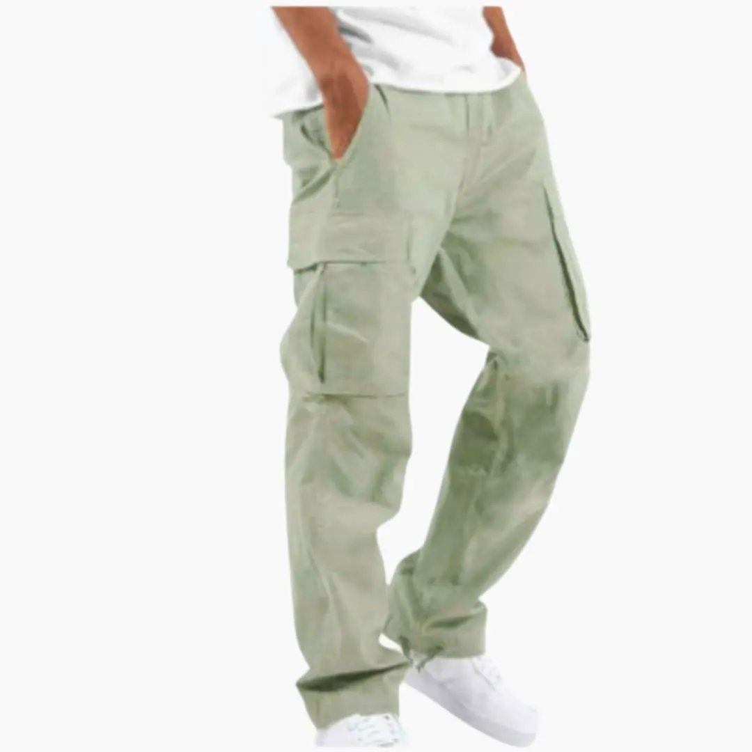 Men’s cargo pants in olive green with wide legs and multiple pockets, Wilfred Smith