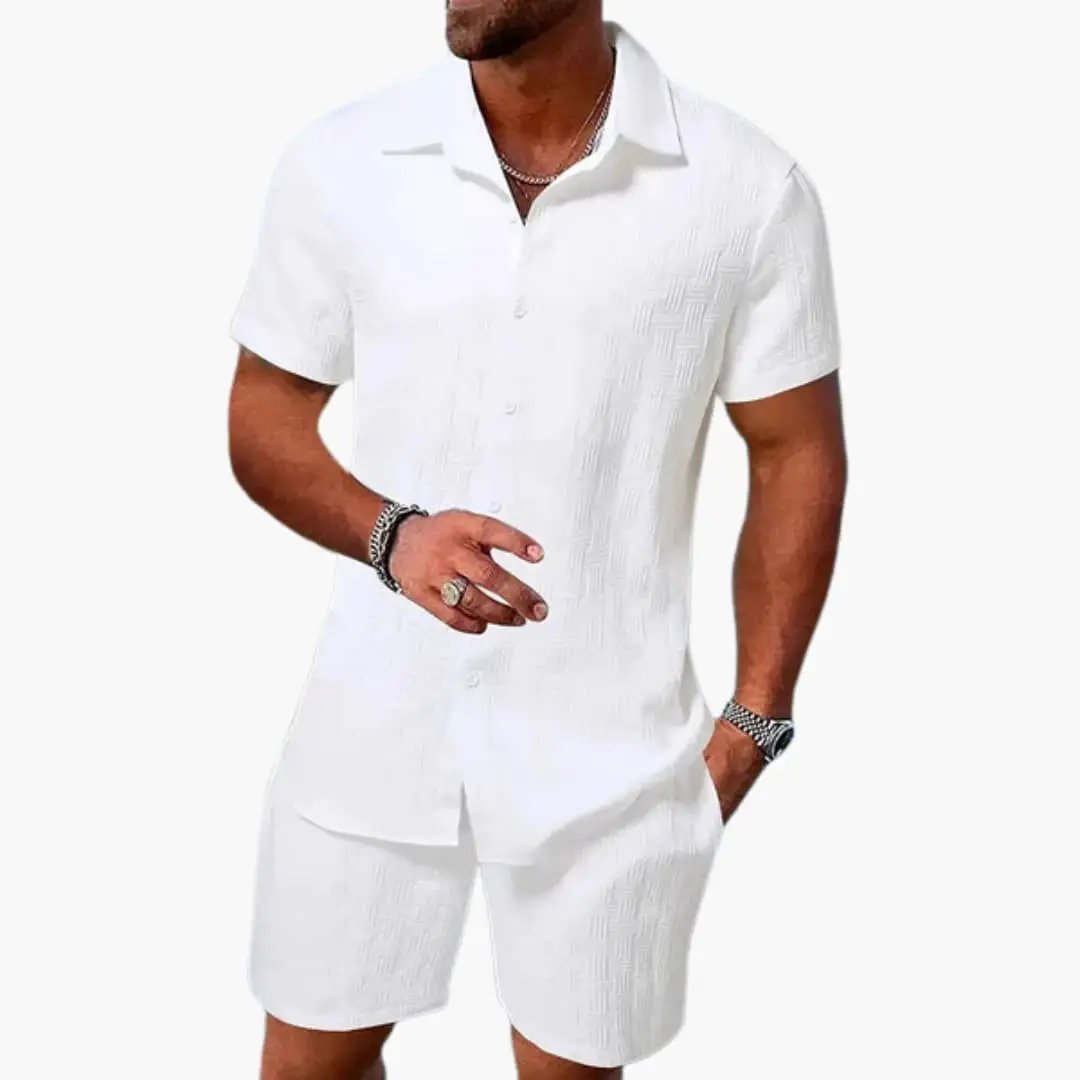 Men's two-piece white cotton-blend set with jacquard texture; short-sleeve shirt and shorts