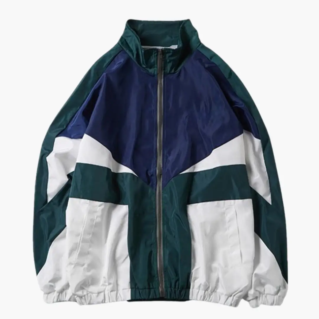 Men's Wilfred Smith color-block bomber jacket with zipper in teal, navy, and white panels.