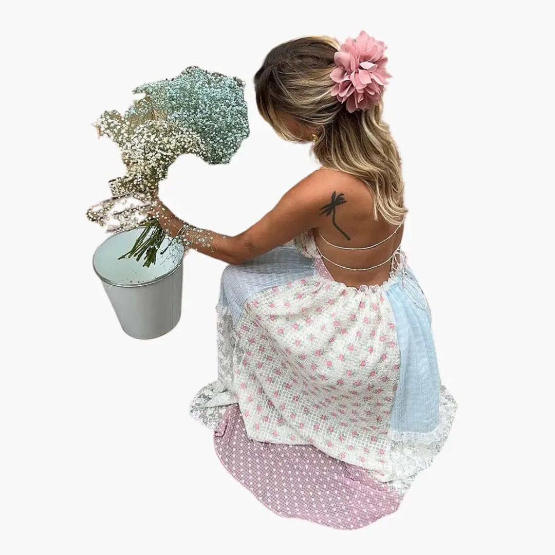 Patchwork Maxi Dress with spaghetti straps and back ties in pastel blocks by Wilfred Smith
