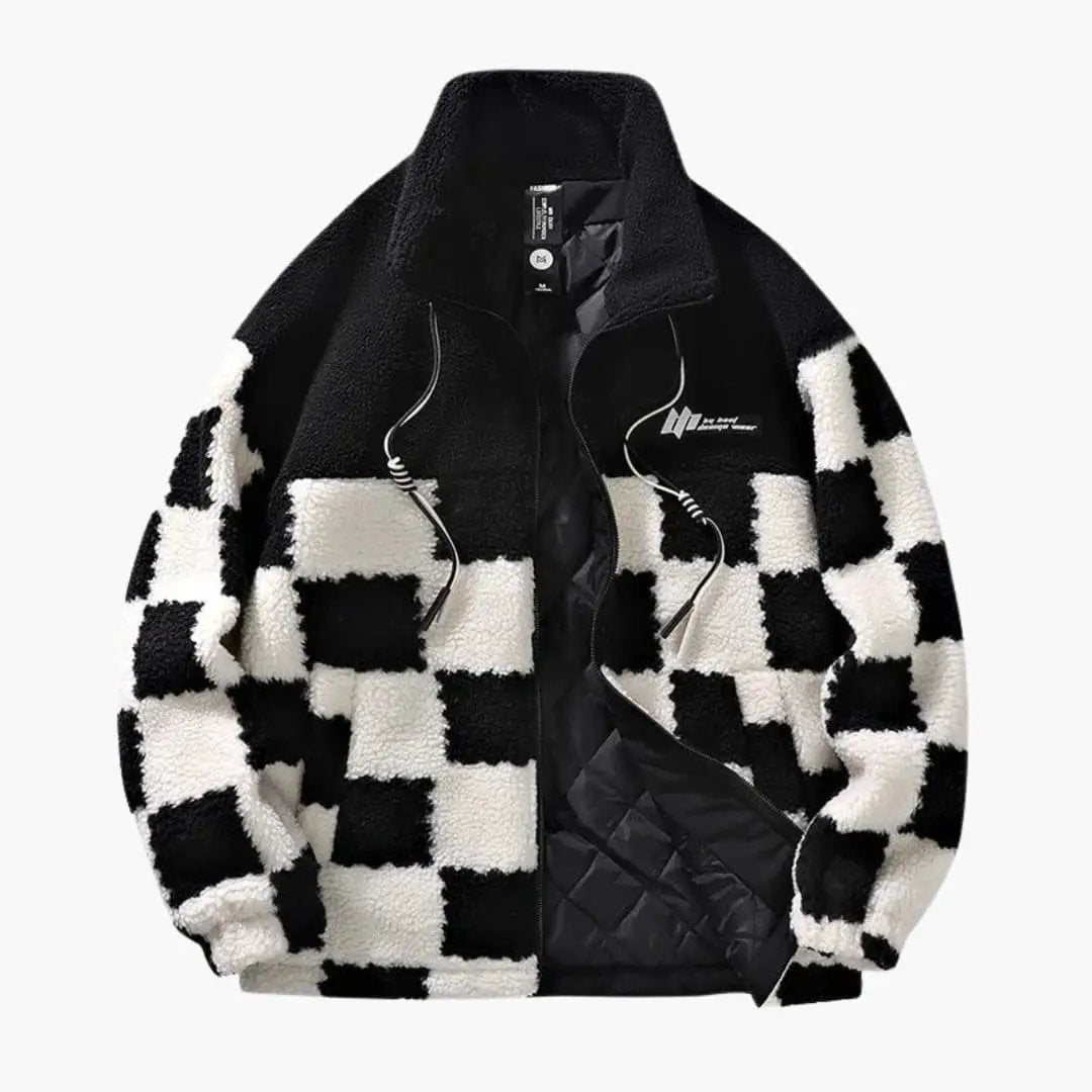 Men's jacket in black-and-white checkered fleece with a full-zip front by Wilfred Smith.