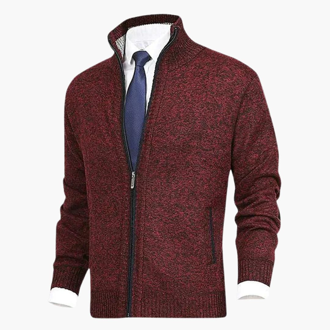 Men's burgundy zip cardigan with stand-up collar and ribbed cuffs