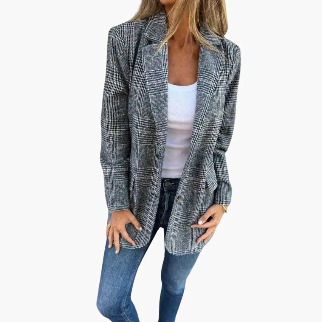 Women's checked blazer by Wilfred Smith, tailored slim-fit gray plaid.