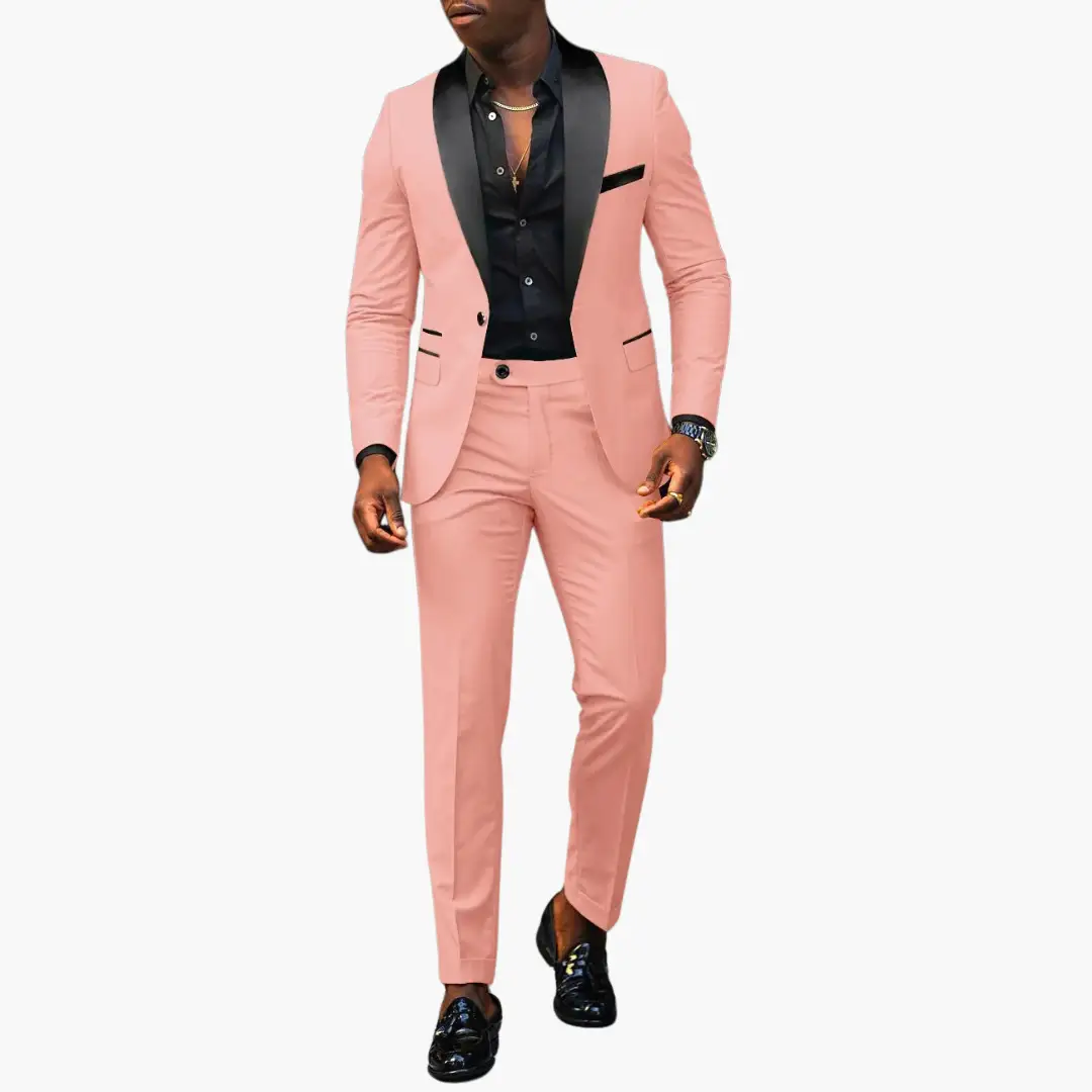 Elegant pink two-piece men's wedding suit with black satin lapels by Wilfred Smith