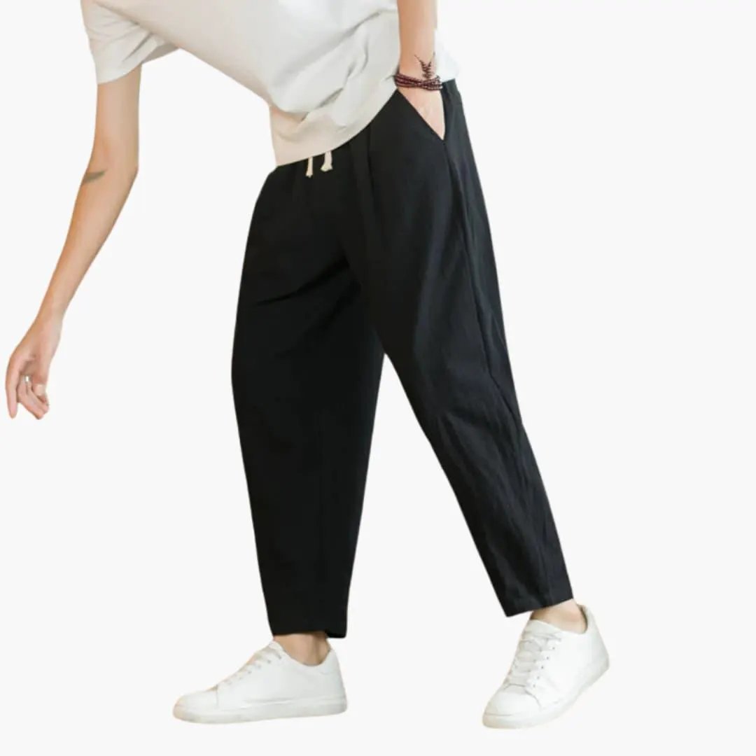 Men's black trousers with drawstring waist and side pockets