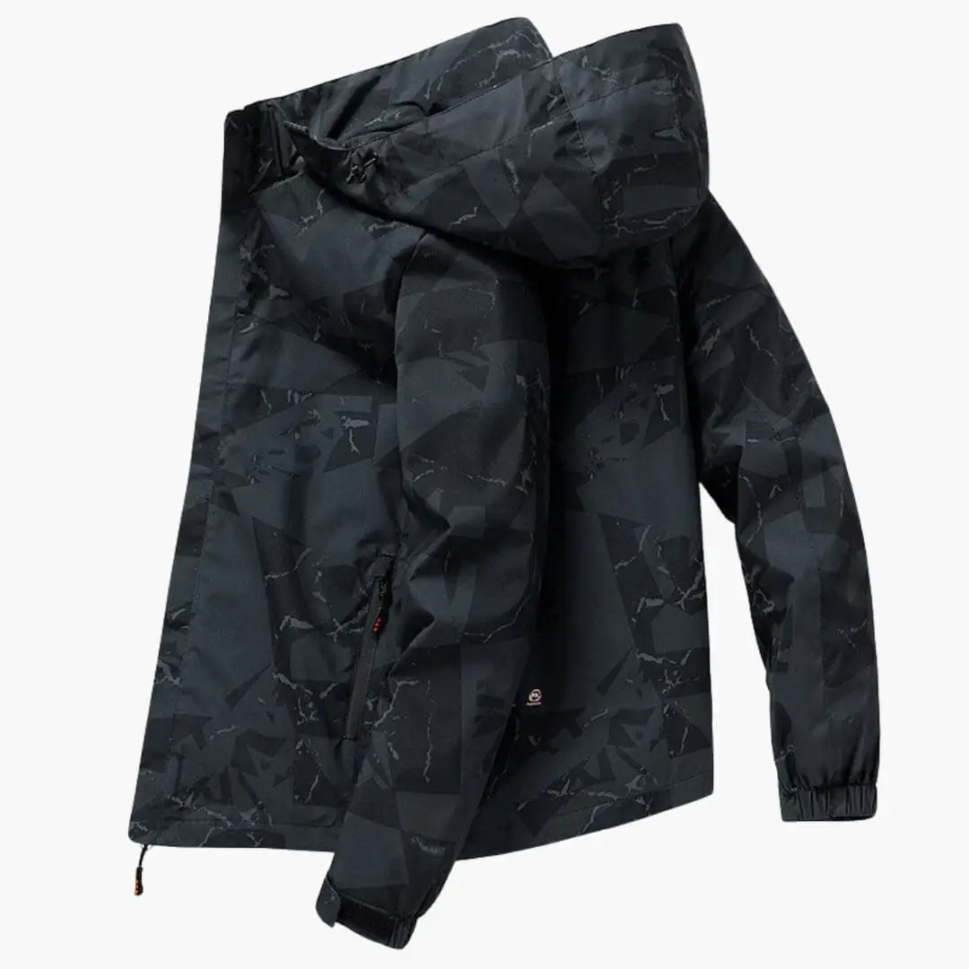 Men's ski jacket with hood and elastic cuffs in black camo by Wilfred Smith