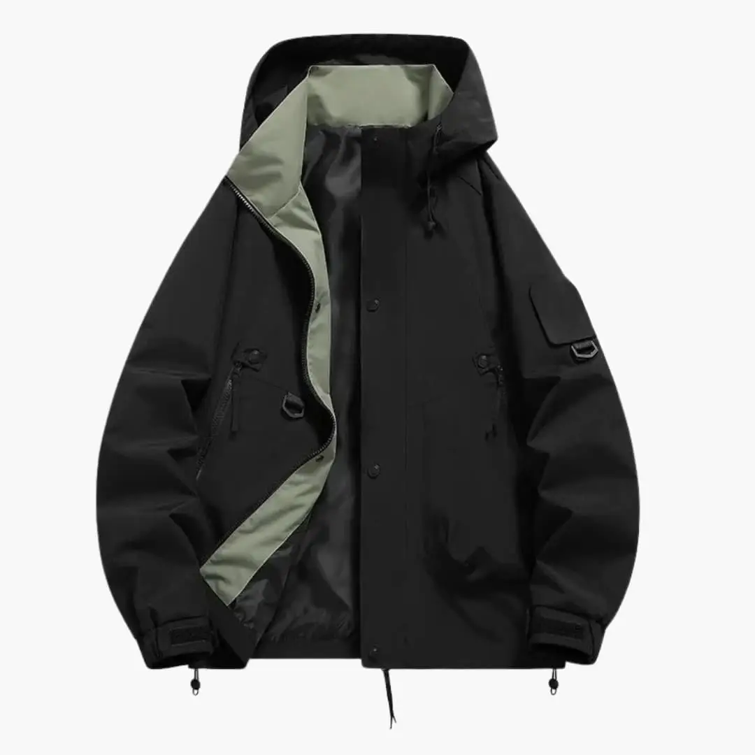 Unisex hooded jacket with zipper and pockets, black exterior with olive lining and adjustable cuffs.