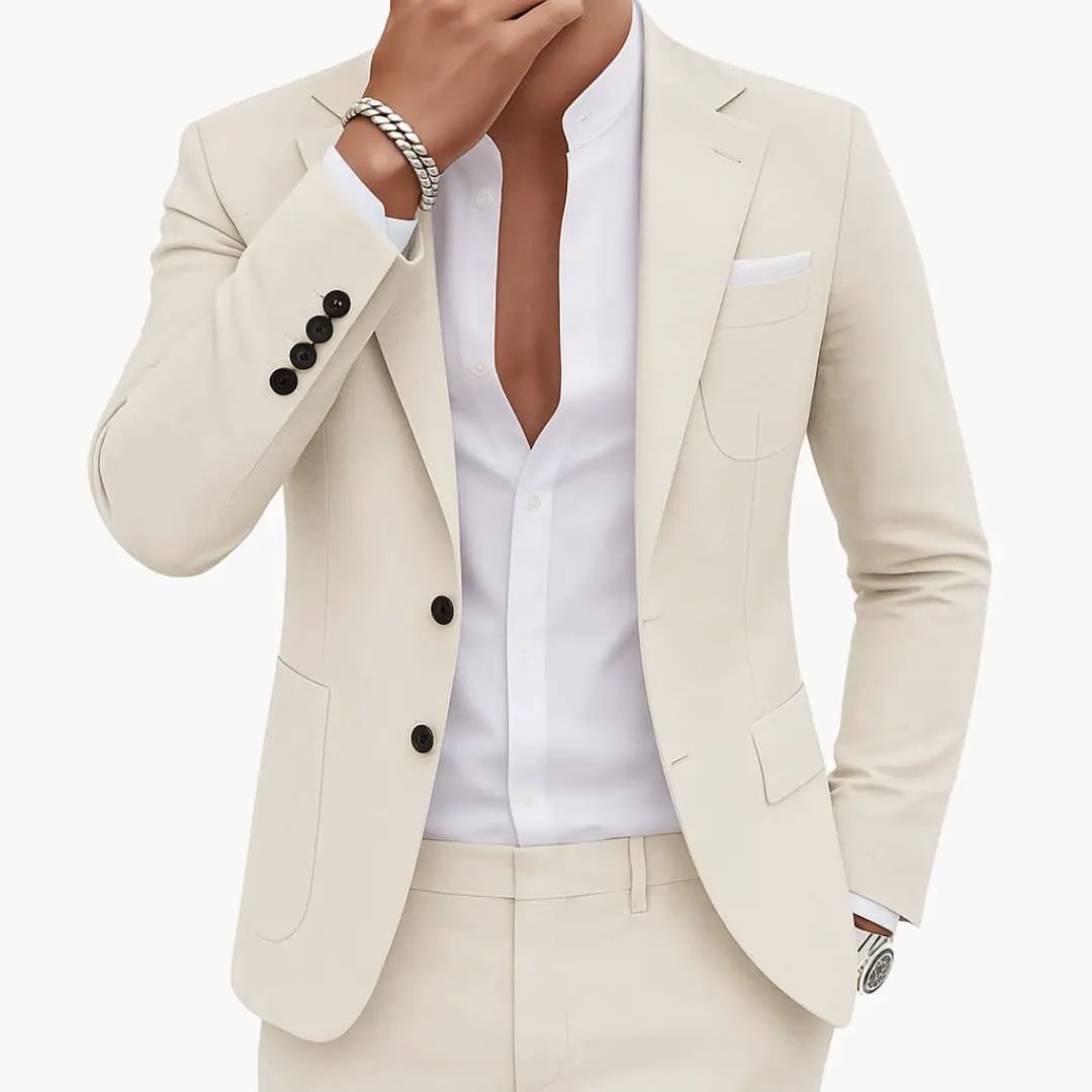 Men’s beige two-piece suit set with blazer and pants, white shirt and pocket square