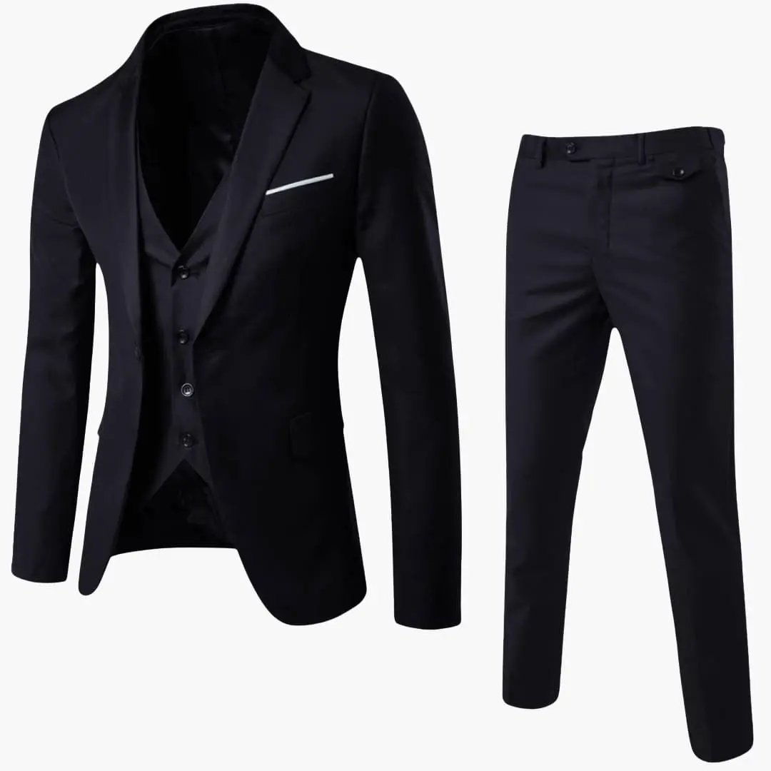 Men’s Three-Piece Wedding Suit by Wilfred Smith: navy jacket, vest, and trousers.