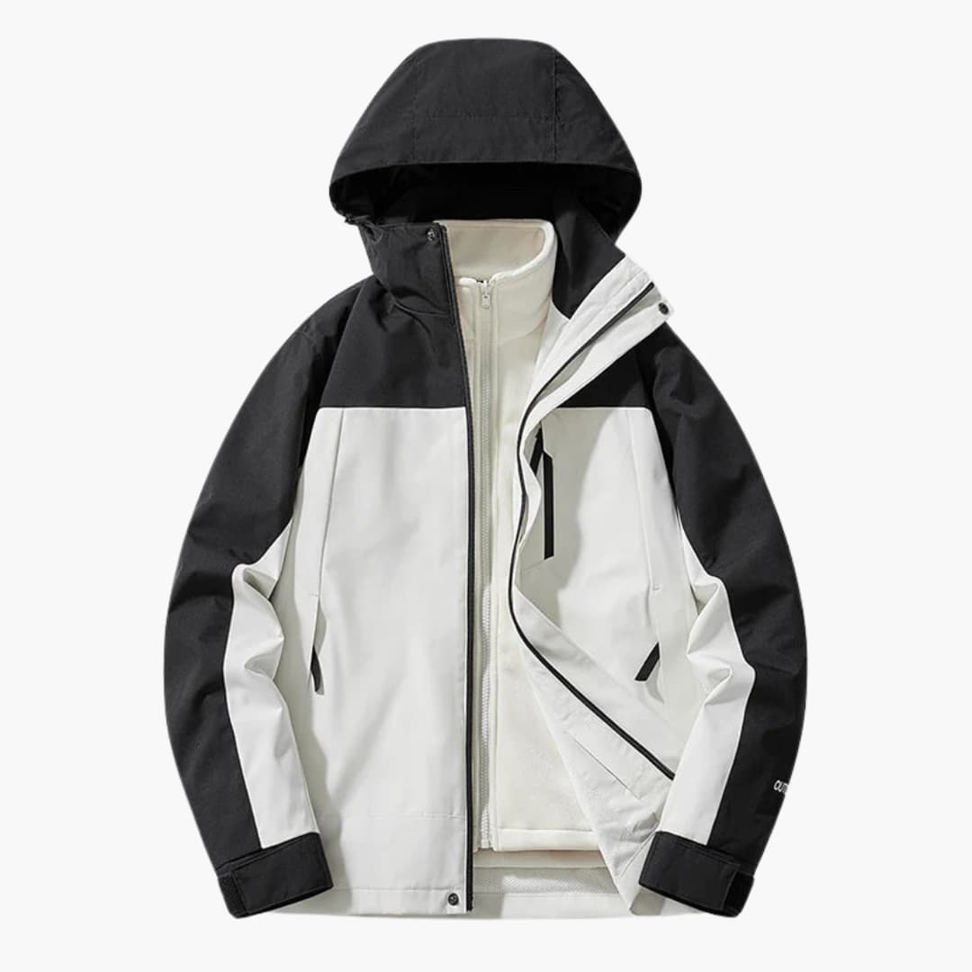 Unisex ski jacket with hood, black and white color-block, zip pockets