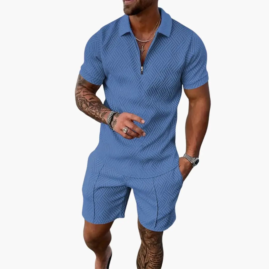 Men's blue two-piece set with zip-front top and matching shorts for leisure and travel