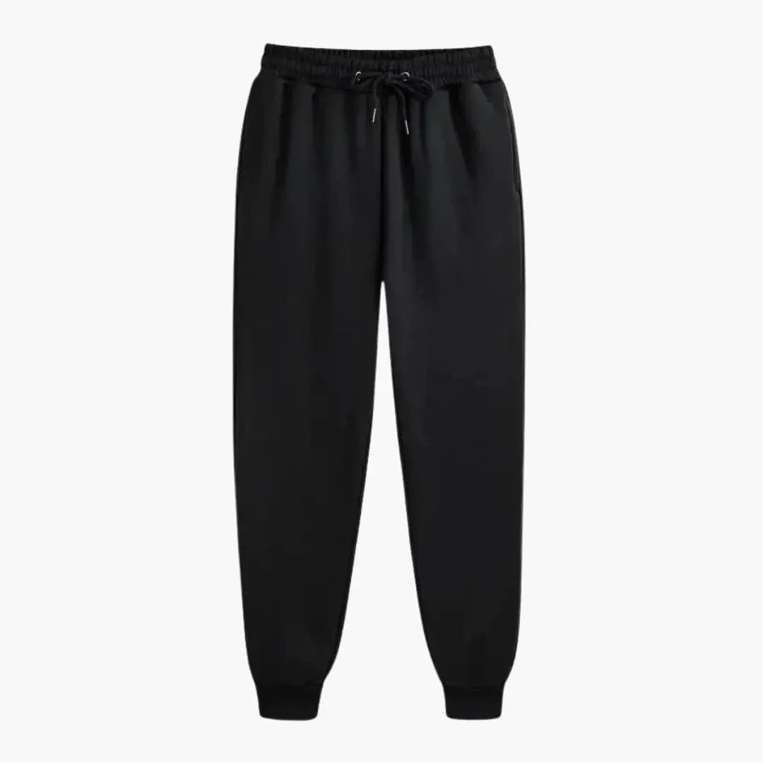 Unisex Wilfred Smith black jogging pants with drawstring waist and cuffed hems.