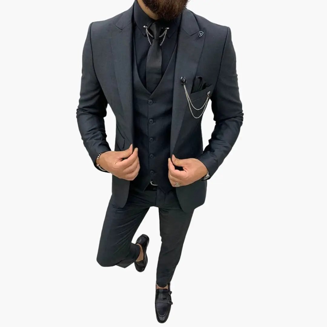 Men's three-piece Wilfred Smith suit with notch lapel and vest in charcoal, slim-fit