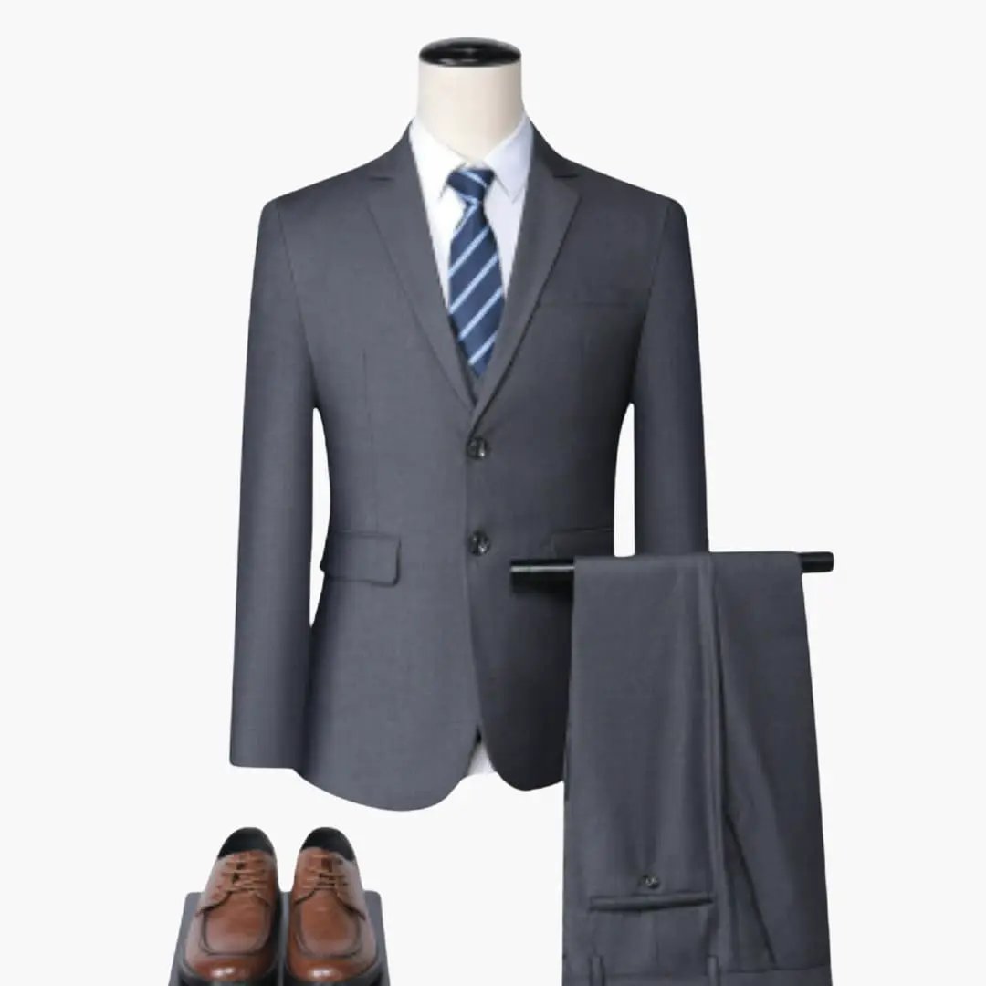 Elegant Slim Fit Suit by Wilfred Smith: gray jacket with matching trousers, white shirt and blue striped tie