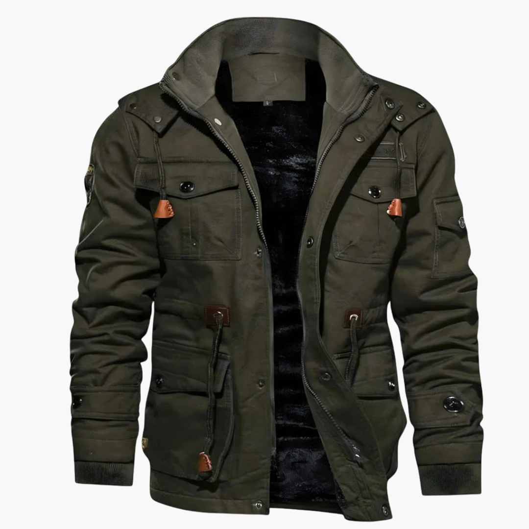 Men's olive-green winter jacket with zipper, multiple pockets and cord drawstrings