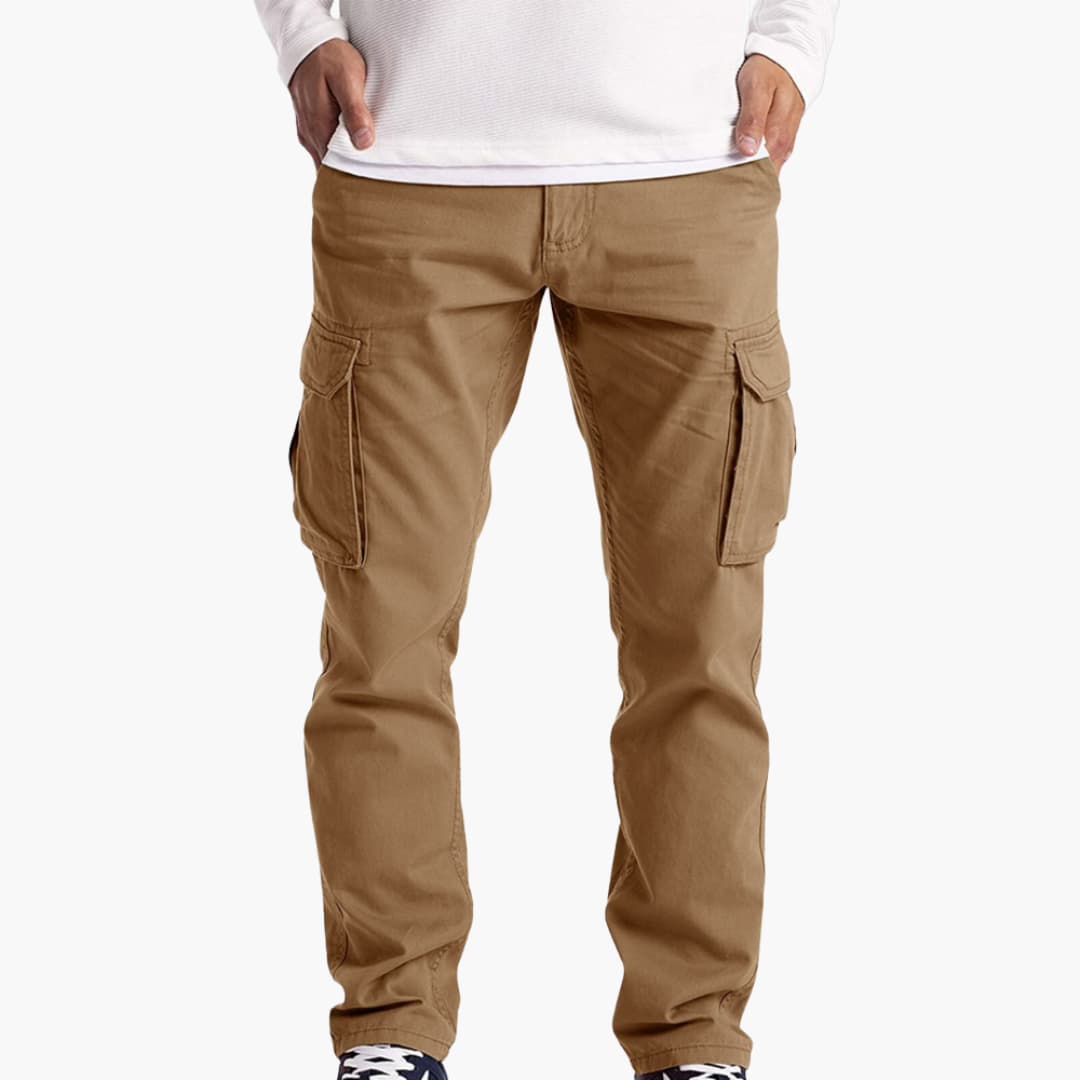 Men's tan summer cargo pants with side cargo pockets and adjustable waist