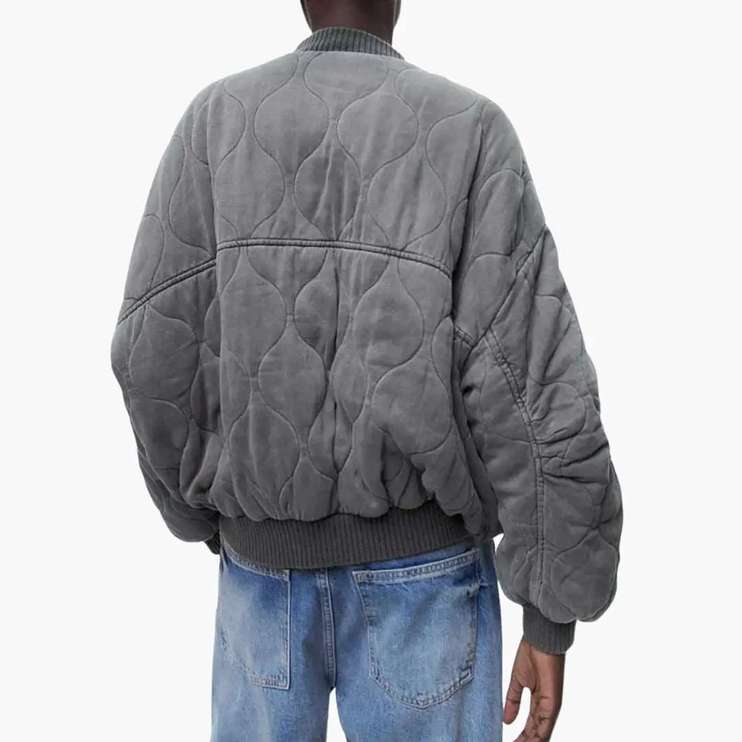 Loose-Fit Bomber Jacket for Women in gray quilted fabric with ribbed cuffs and hem