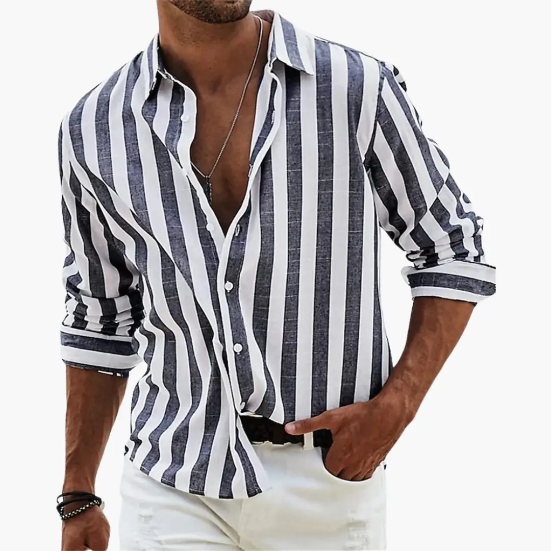 Striped linen shirt for men with button placket, navy and white vertical stripes, sleeves rolled for casual summer style