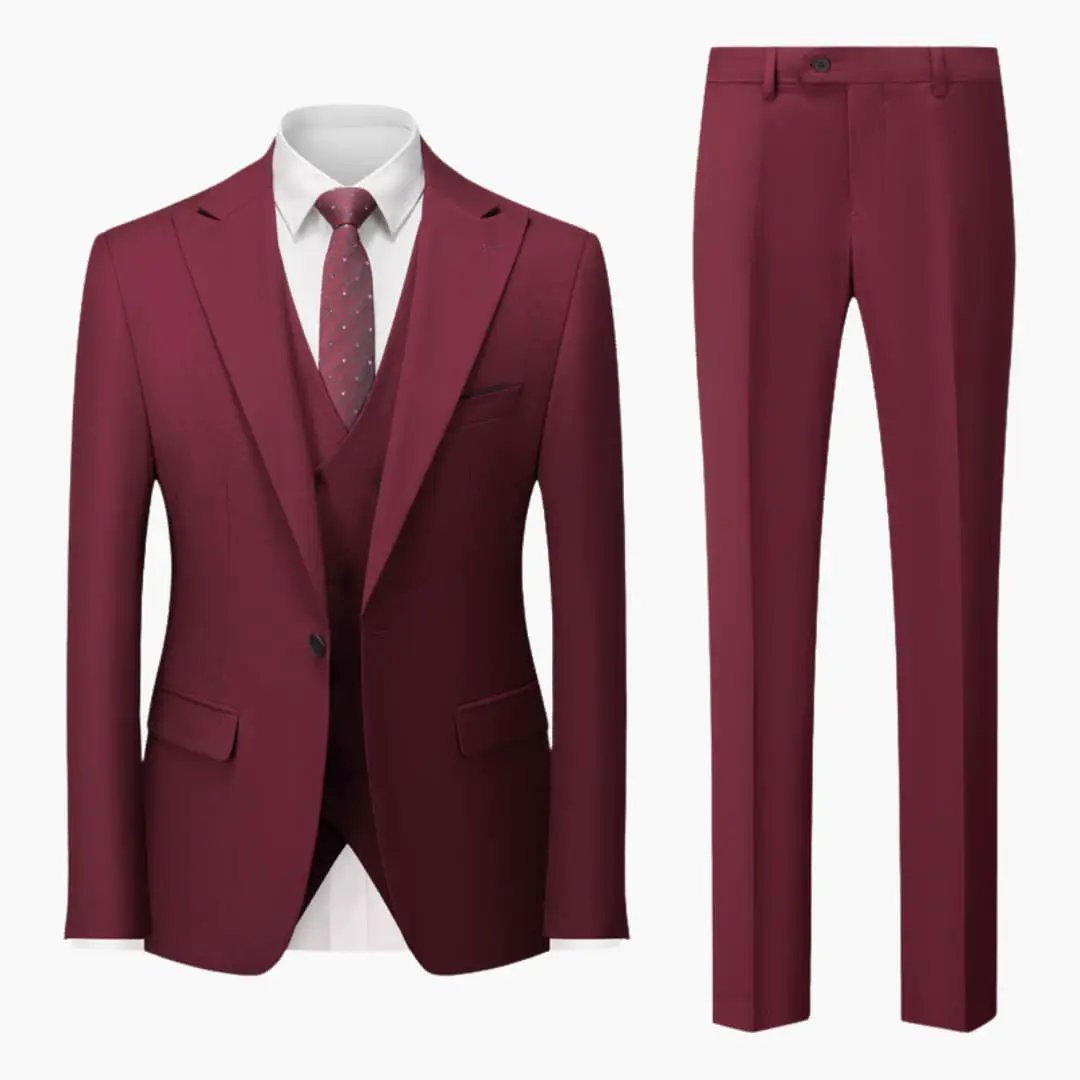 Elegant Slim Fit Suit 3-Piece for Business - burgundy blazer and trousers