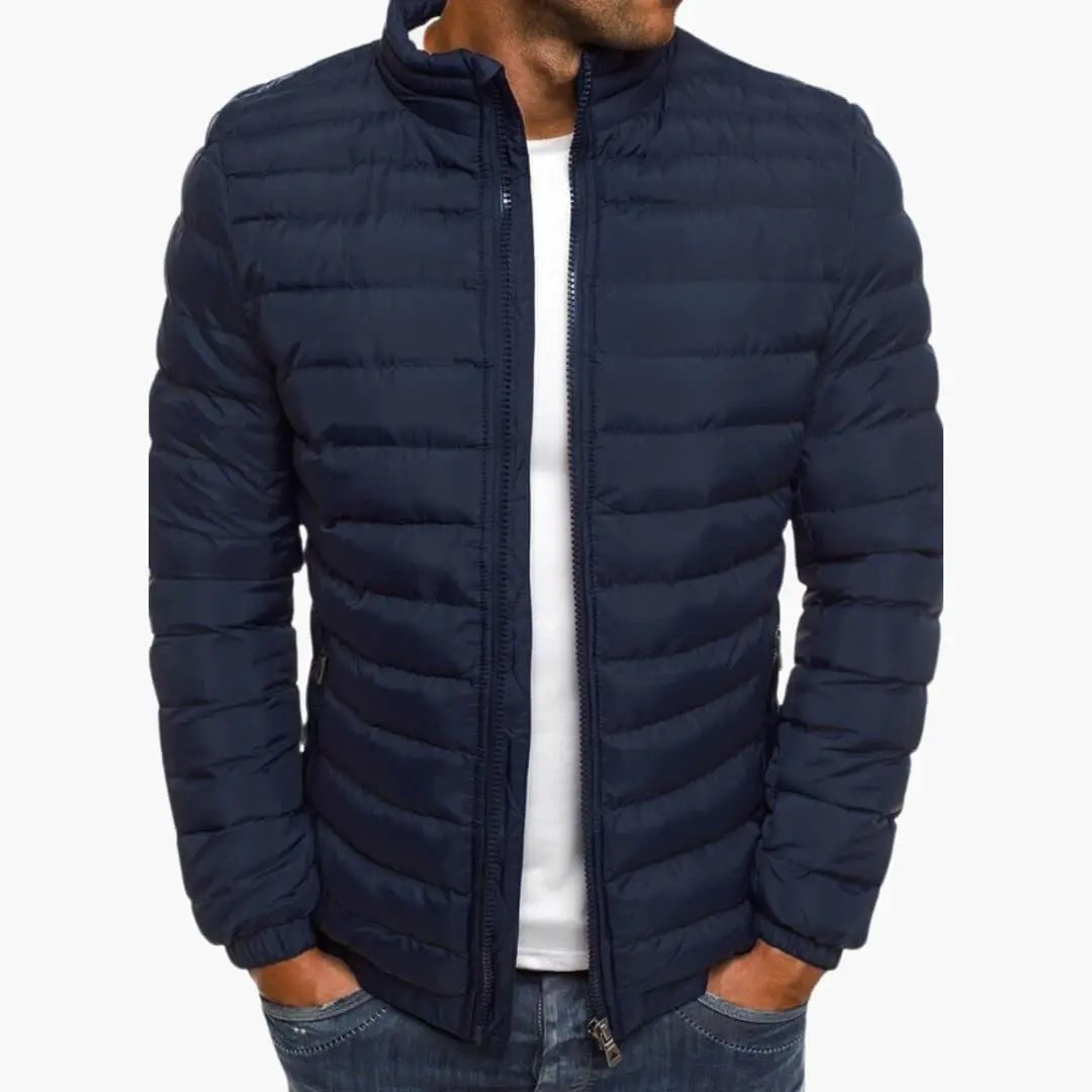 Men’s hooded navy puffer jacket with zip closure.