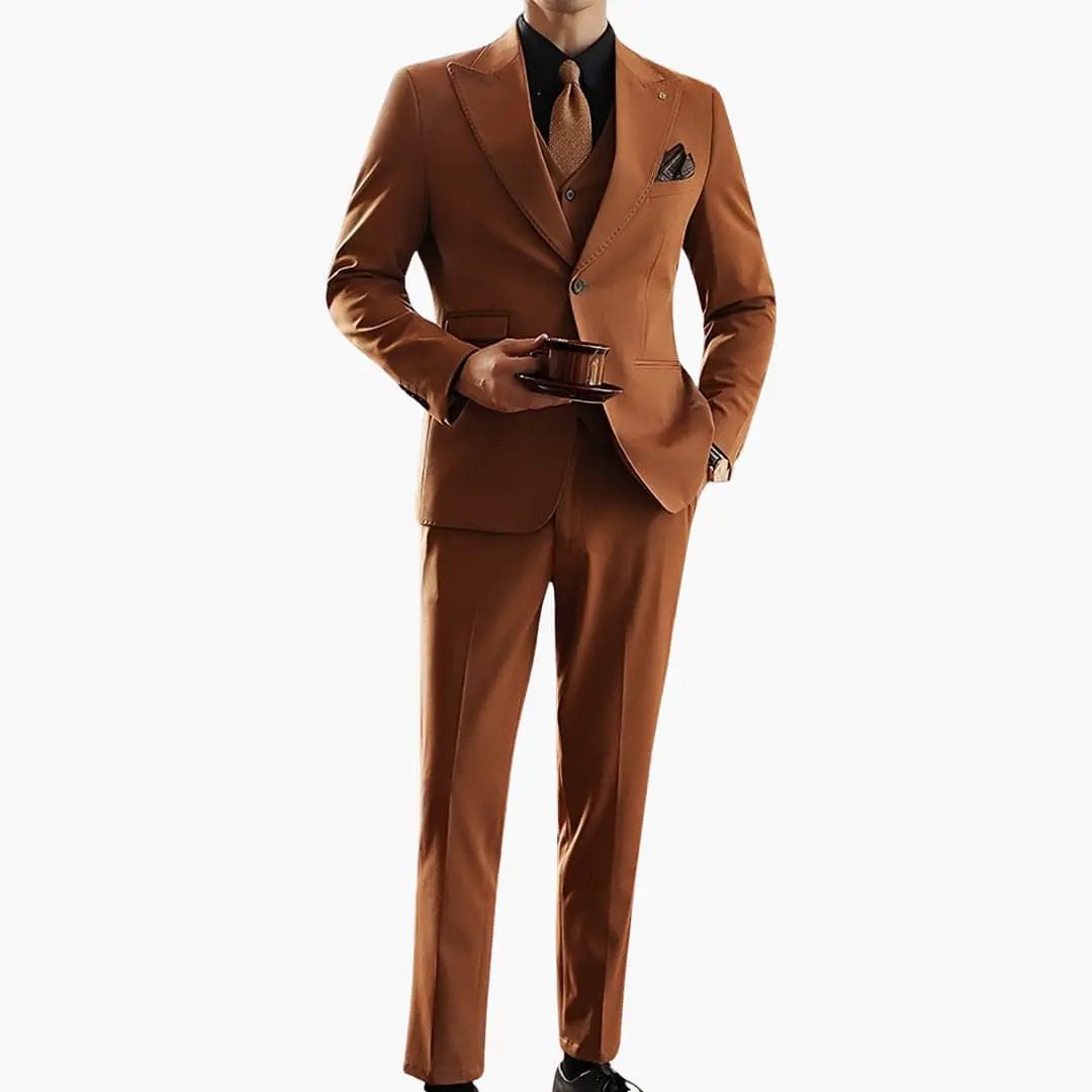 Men's three-piece suit with vest in caramel brown, slim-fit formal set.