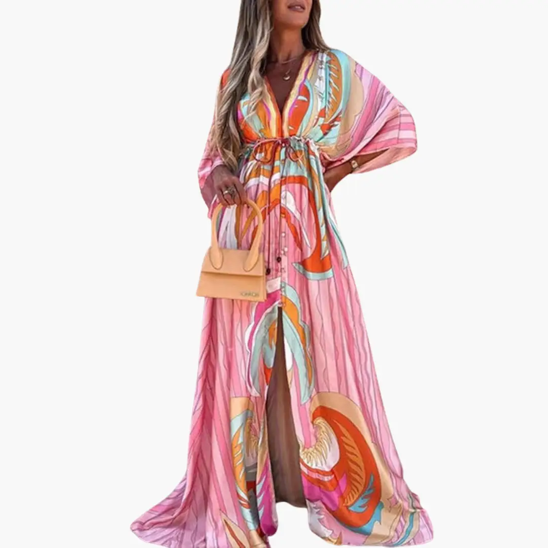 Colorful floral maxi dress for women with wrap waist tie and pink and multicolor print