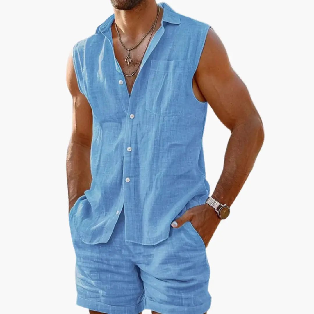 Men's 2-Piece summer set with sleeveless shirt and shorts in light blue by Wilfred Smith