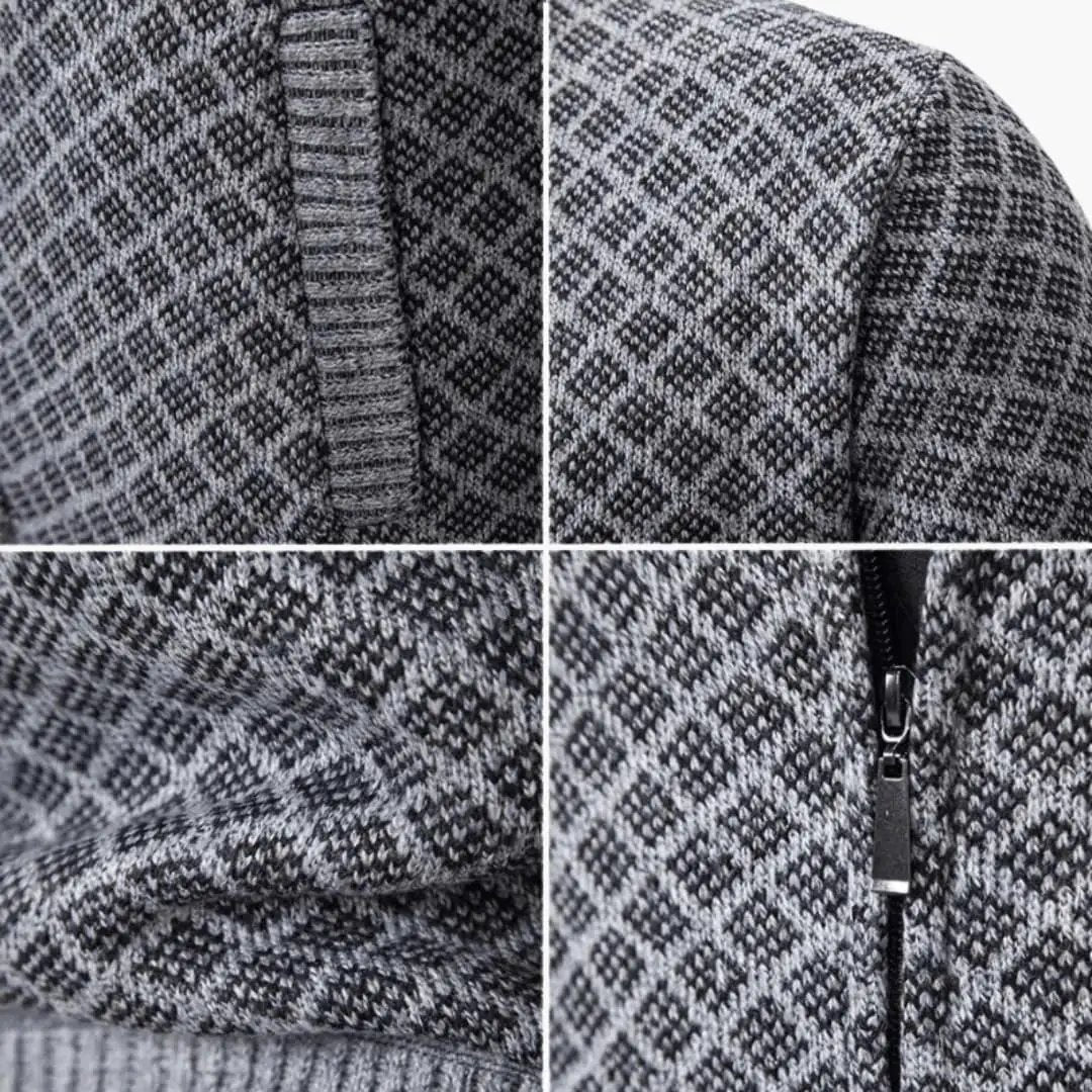 Wilfred Smith Men’s tailored sport jacket with lapel in gray diamond-pattern knit and front zipper.