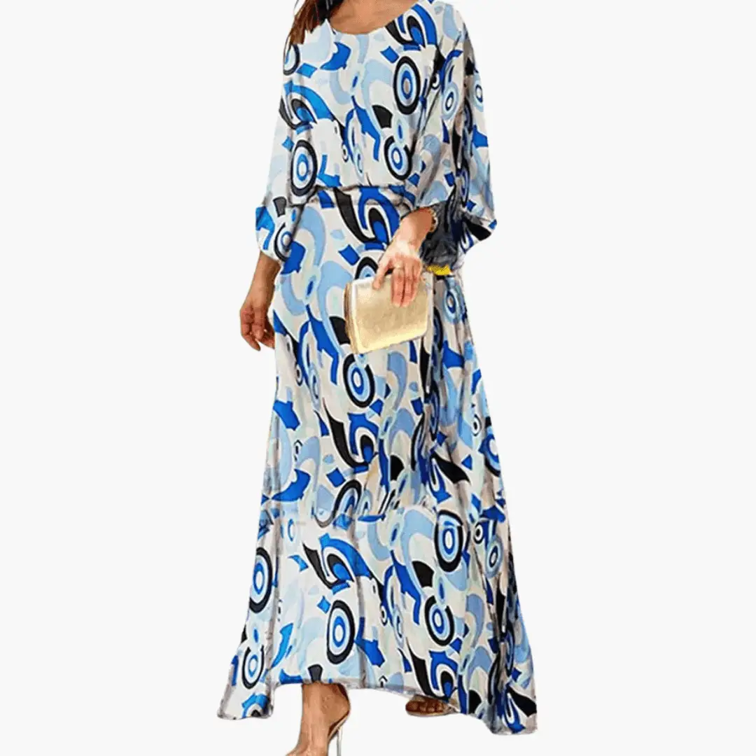 Women's Maxi Dress with Print in blue abstract design, Boho summer style