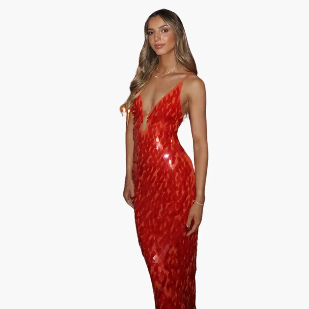 Sequin red maxi dress for women by Wilfred Smith with V-neck
