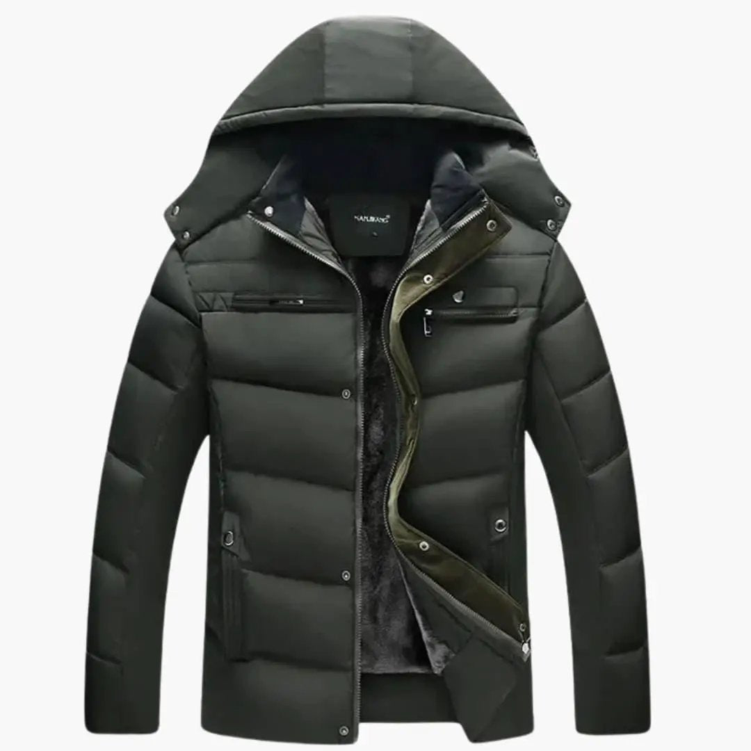 Men's Puffer Jacket Wilfred Smith with hood, dark olive color, zip front
