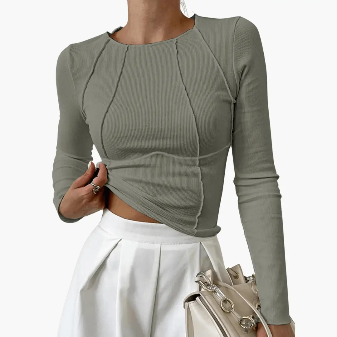 Women’s ribbed knit long-sleeve top in sage green with twist-waist detail by Wilfred Smith