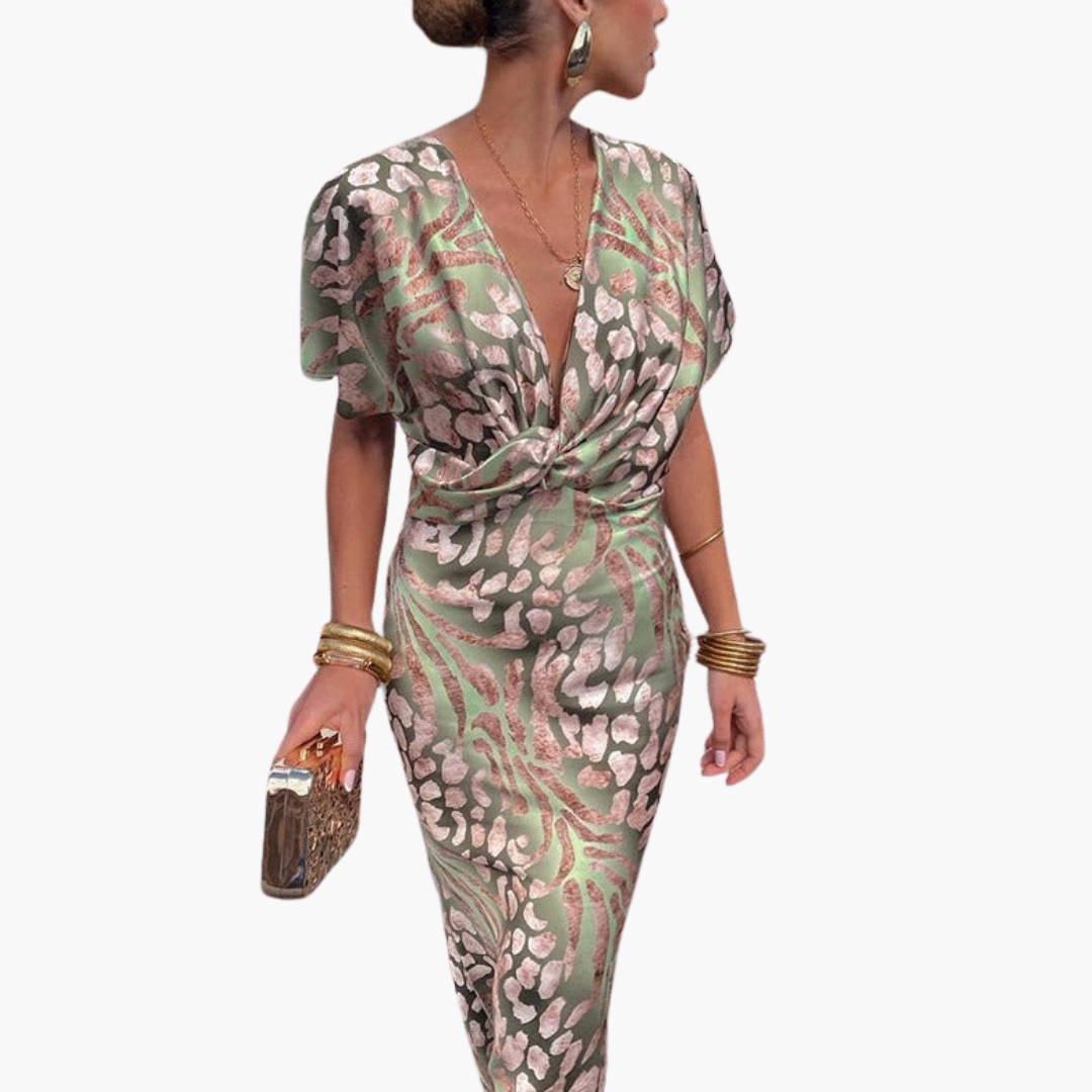 Women's ankle-length dress with a V-neck and knotted front, in green satin floral print.
