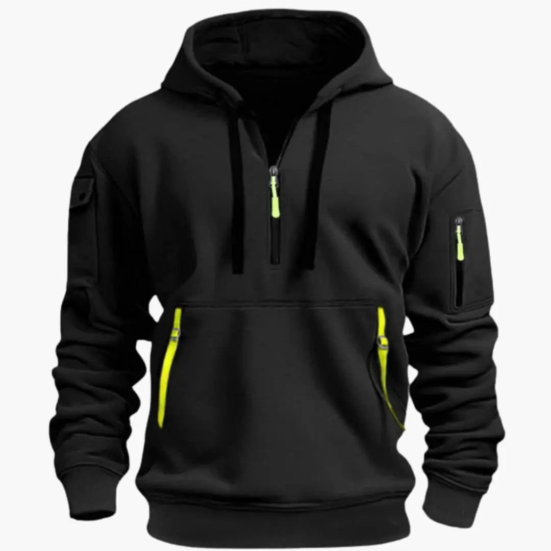 Men's black hoodie with adjustable hood and neon-yellow zippers on front pockets and sleeve pocket