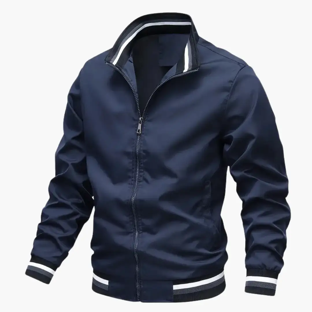 Men's navy bomber jacket by Wilfred Smith with front zipper, ribbed cuffs and hem with white stripes.